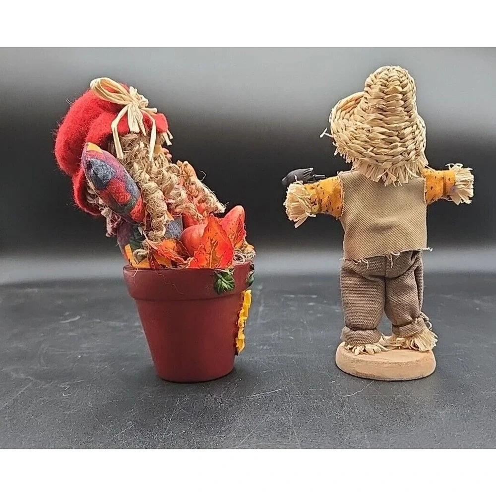 2 Vtg Country Potted Scarecrow‎ Decor Figures Thanksgiving Fall Halloween ?Avon